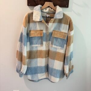 Jen & Co Plaid Shacket Blue‎ Tan Vegan Fuzzy Button Front Shirt Jacket NWT